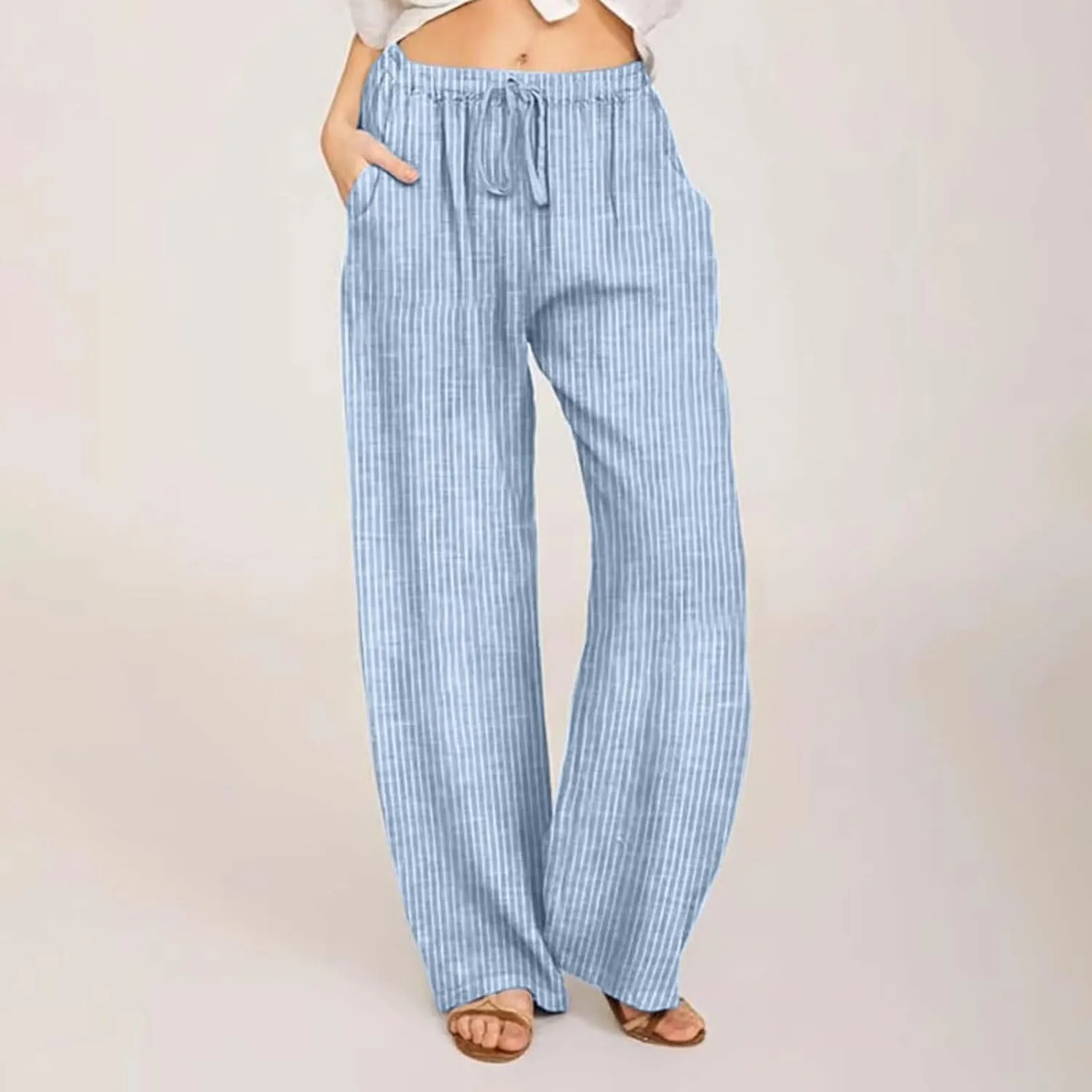 SHOPESSA Wide Leg Linen Pants for Women Soft Casual Drawstring Tie Elastic Waist Loose Pants Summer Beach Pockets Trousers