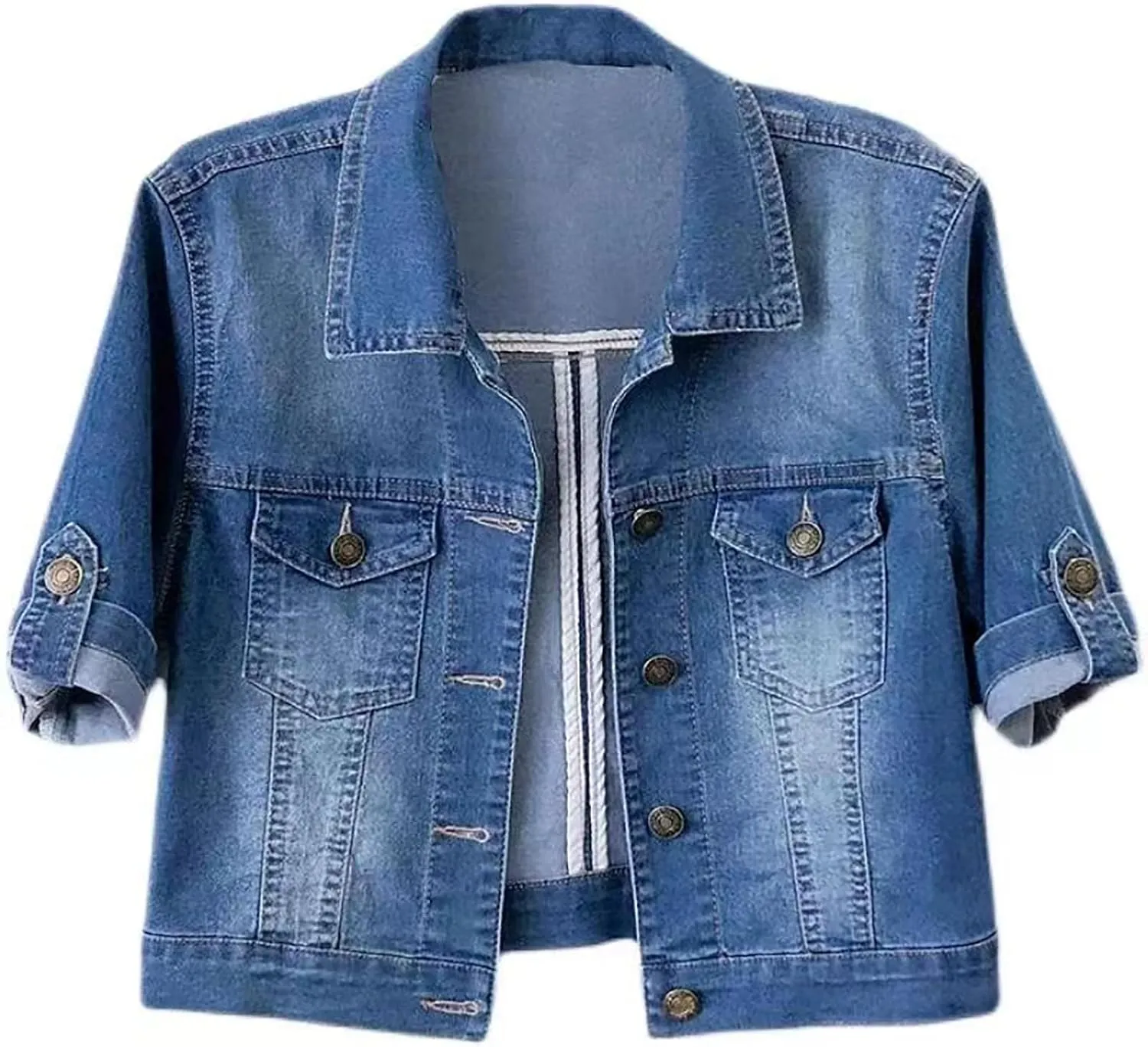 Short Sleeve Denim Jacket for Women 3/4 Sleeve Cropped Light Wash Short Jean Jacket Slim Trucker Coat Denim Tops