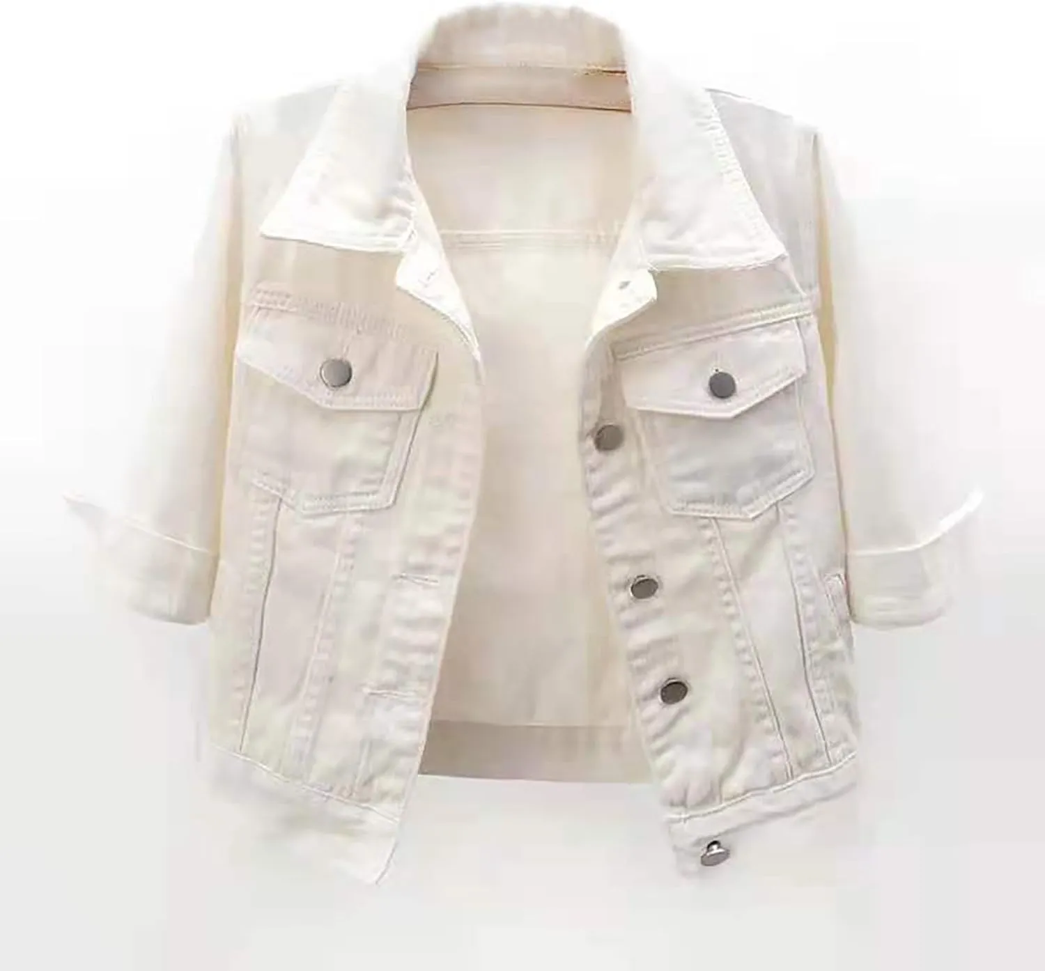 Short Sleeve Denim Jacket for Women 3/4 Sleeve Cropped Light Wash Short Jean Jacket Slim Trucker Coat Denim Tops