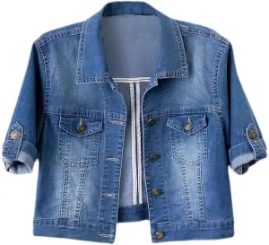 Short Sleeve Denim Jacket for Women 3/4 Sleeve Cropped Light Wash Short Jean Jacket Slim Trucker Coat Denim Tops