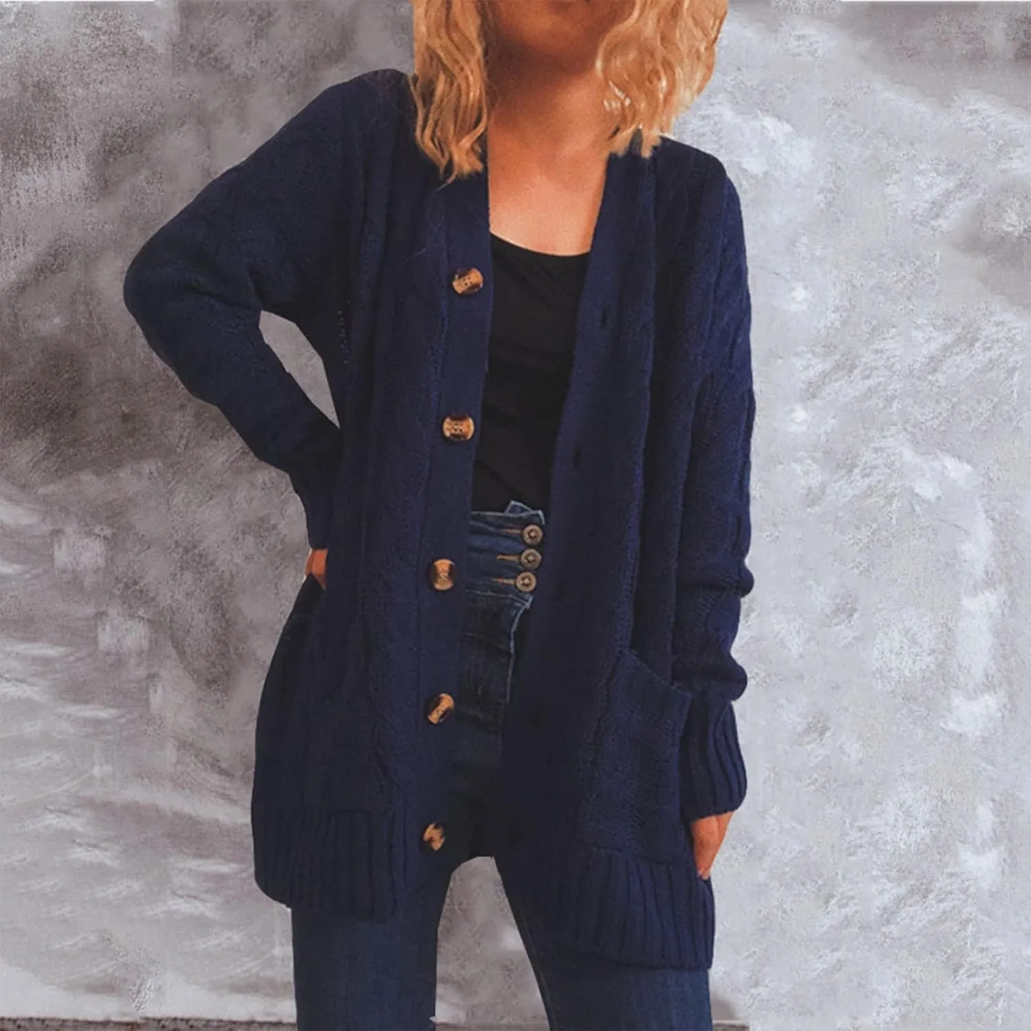 Sinzelimin Women's Sweater Cardigan Women's Open Front Cardigan Sweaters Fashion Button Down Cable Knit Chunky Outwear Coats
