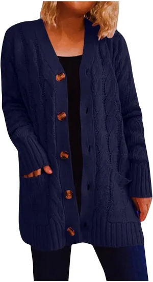 Sinzelimin Women's Sweater Cardigan Women's Open Front Cardigan Sweaters Fashion Button Down Cable Knit Chunky Outwear Coats