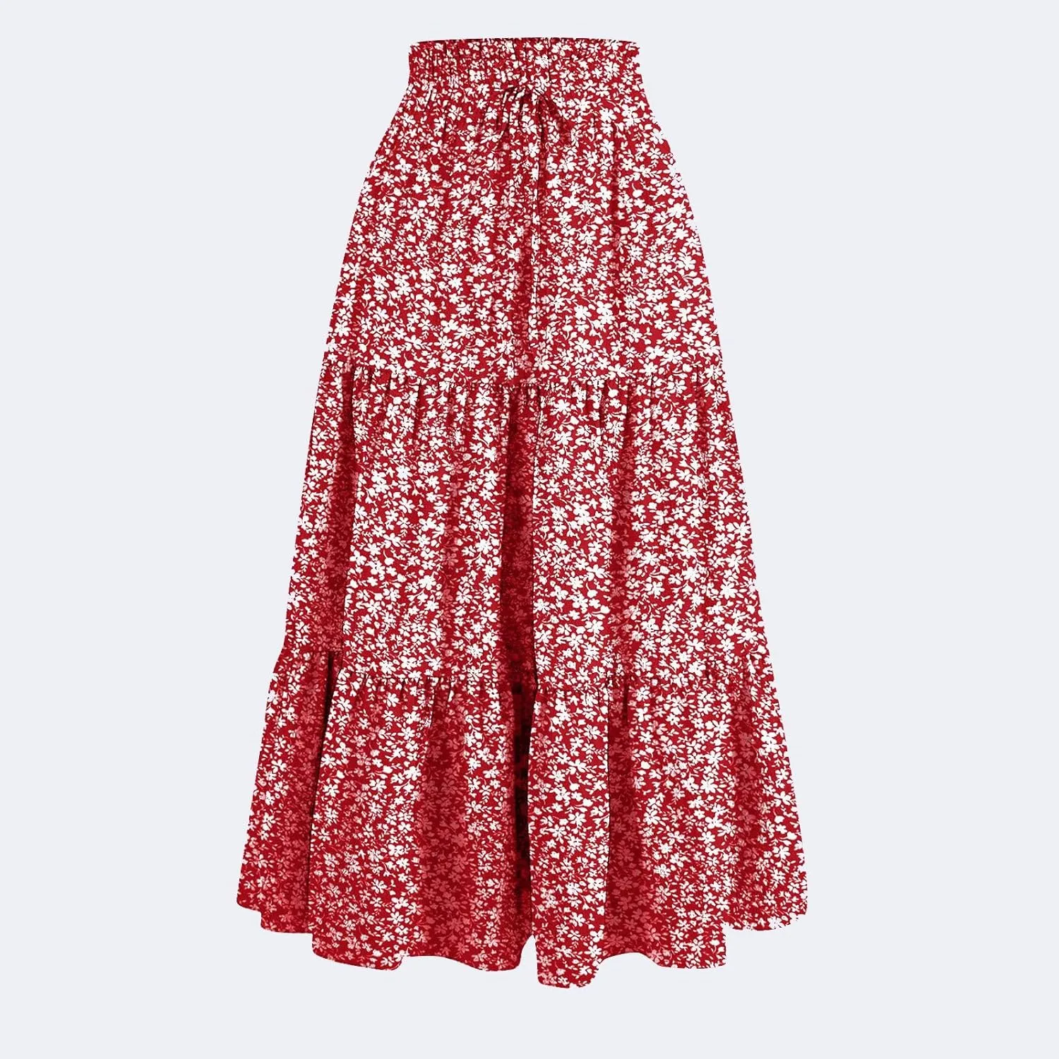 Skirts for Women Midi Length Floral Tiered Skirt Drawstring Summer Flowy Flowy Vacation A Line Skirt with Pockets