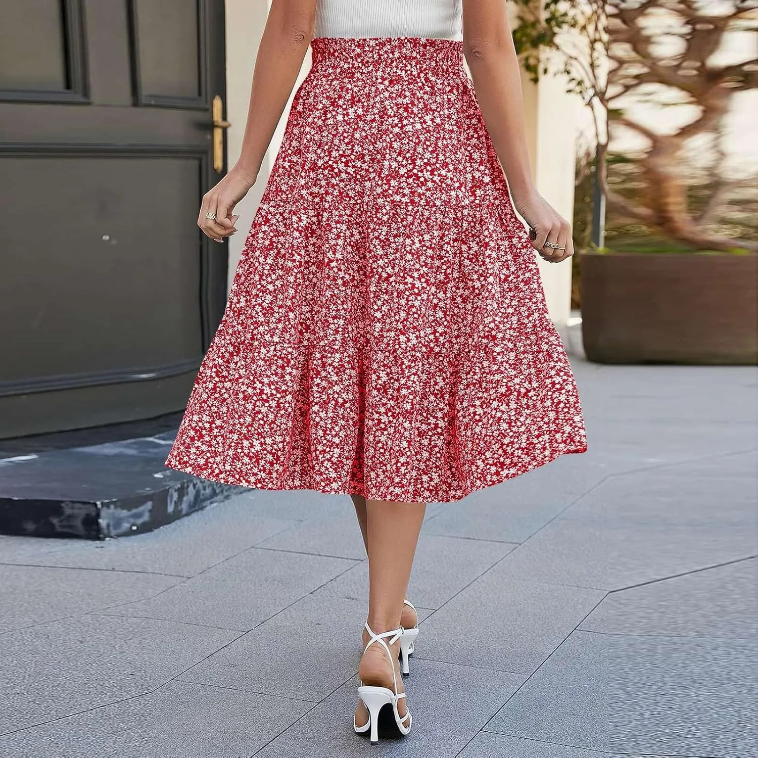 Skirts for Women Midi Length Floral Tiered Skirt Drawstring Summer Flowy Flowy Vacation A Line Skirt with Pockets