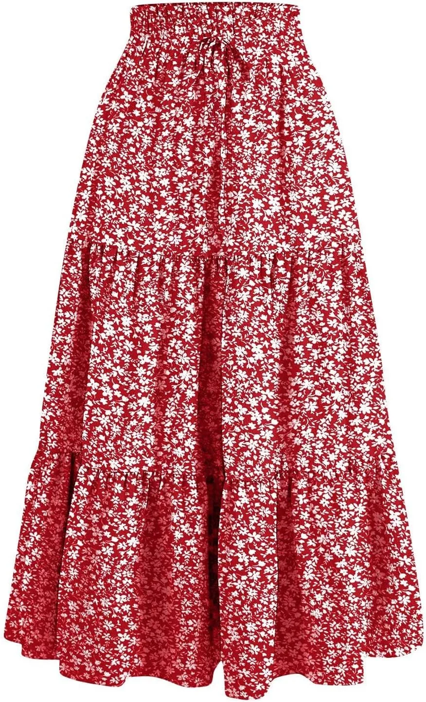 Skirts for Women Midi Length Floral Tiered Skirt Drawstring Summer Flowy Flowy Vacation A Line Skirt with Pockets