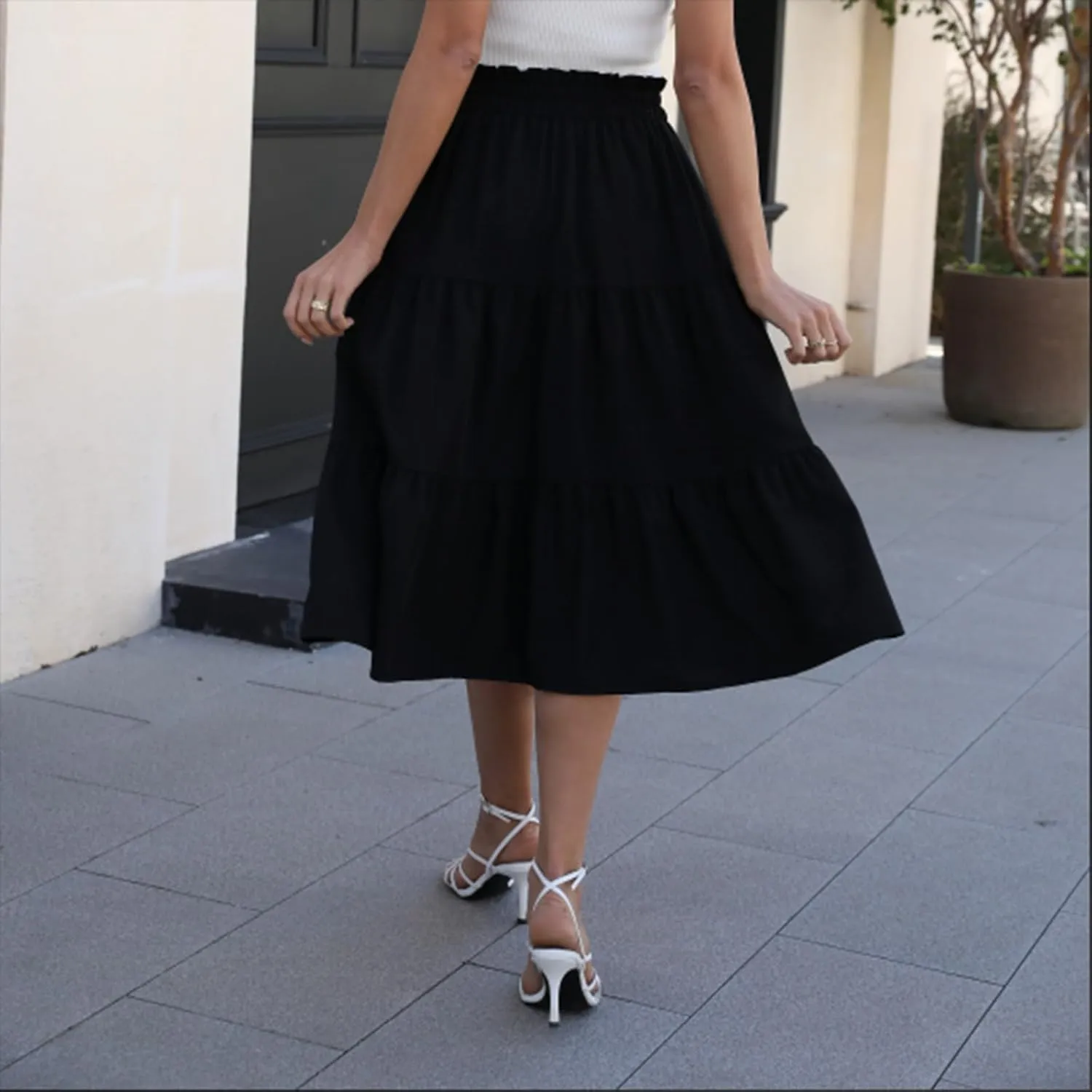 Skirts for Women Midi Length Floral Tiered Skirt Drawstring Summer Flowy Flowy Vacation A Line Skirt with Pockets