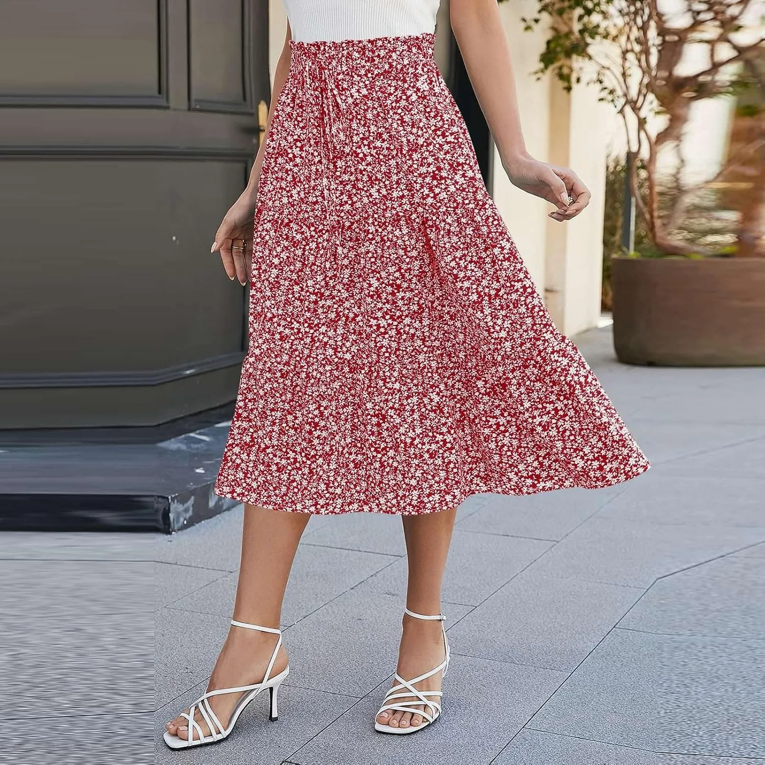 Skirts for Women Midi Length Floral Tiered Skirt Drawstring Summer Flowy Flowy Vacation A Line Skirt with Pockets