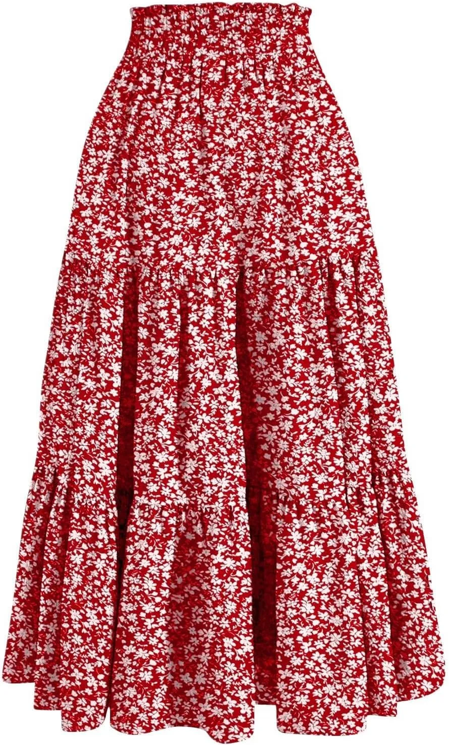 Skirts for Women Midi Length Floral Tiered Skirt Drawstring Summer Flowy Flowy Vacation A Line Skirt with Pockets