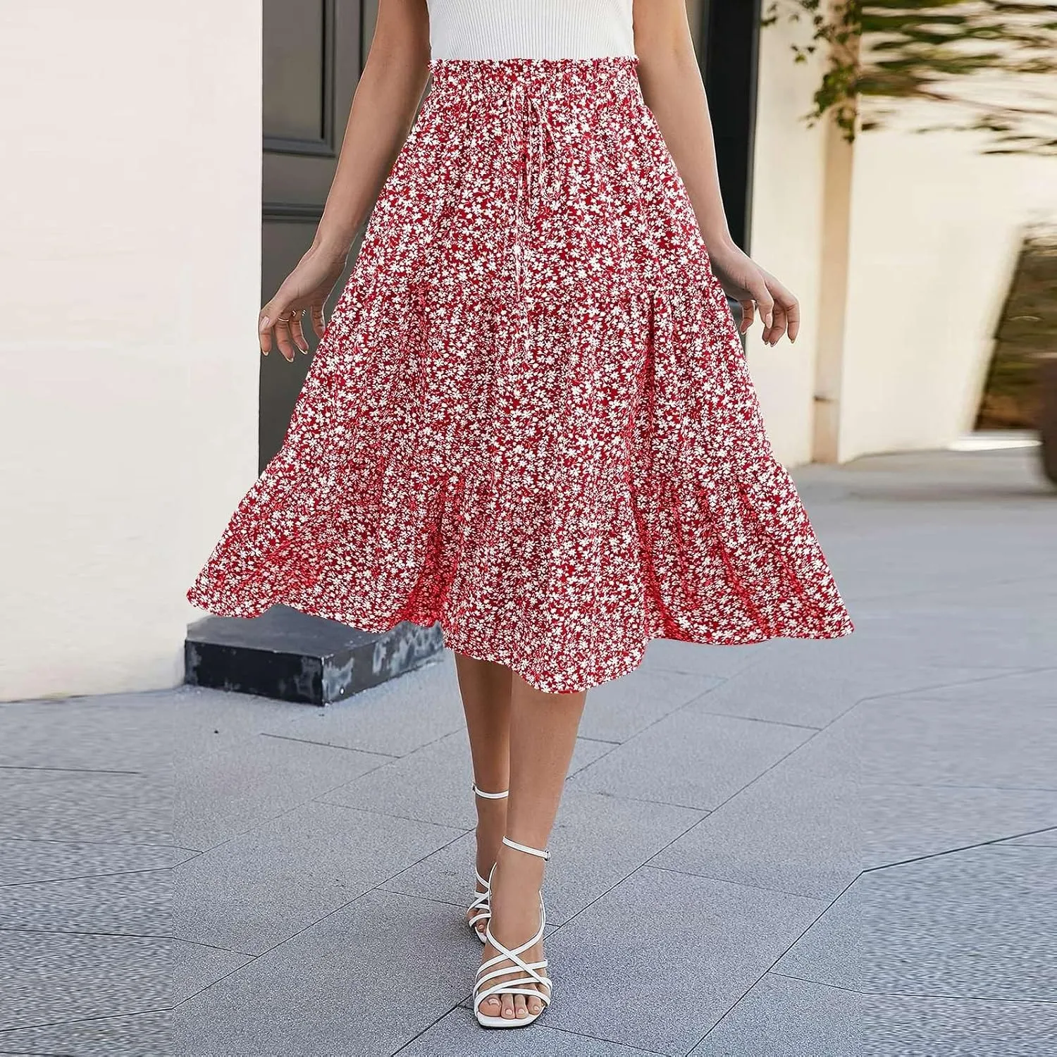 Skirts for Women Midi Length Floral Tiered Skirt Drawstring Summer Flowy Flowy Vacation A Line Skirt with Pockets