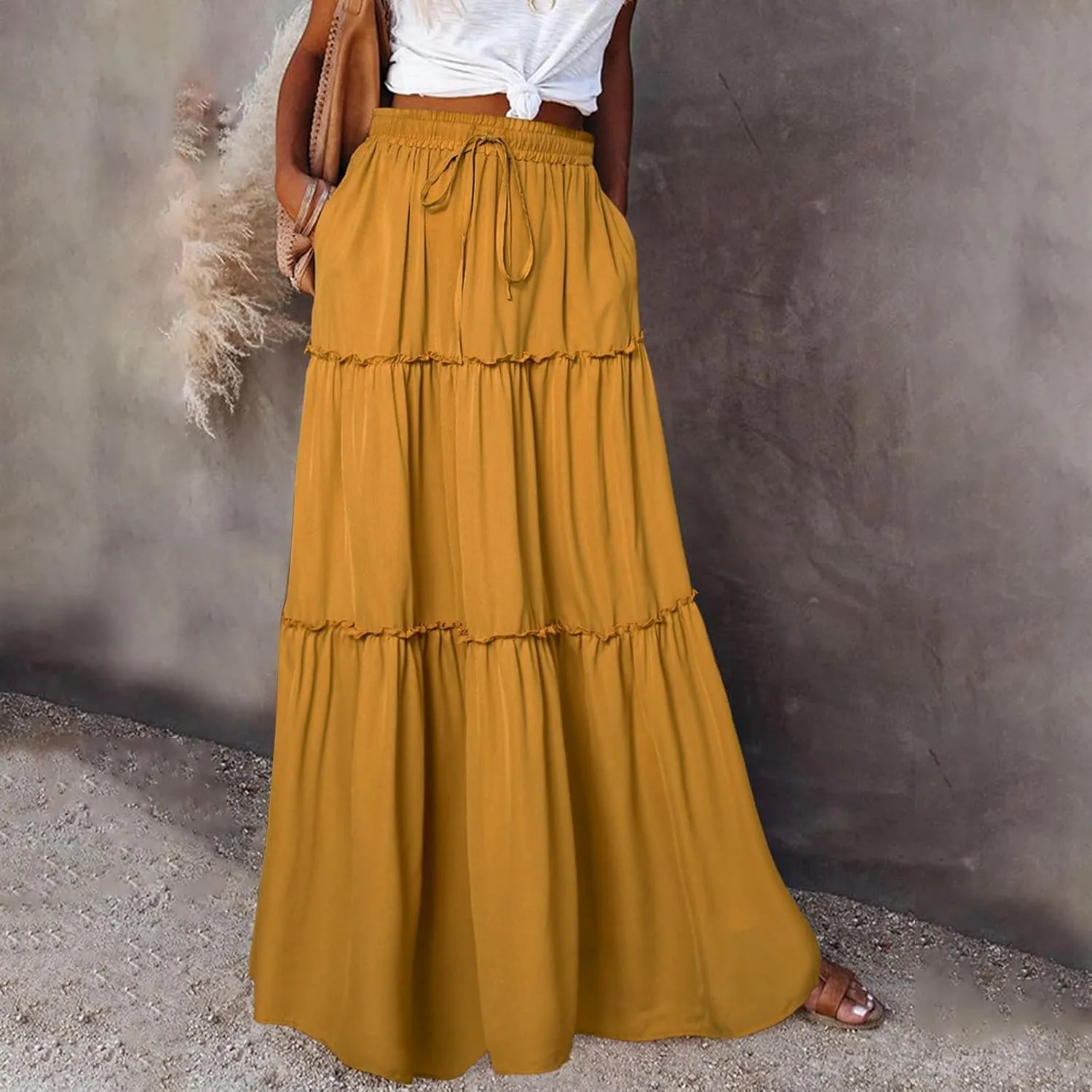 Skirts for Women Summer Boho Floral Print Elastic Waist A Line Maxi Skirt Tiered Flowy Beach Vacation Long Skirts