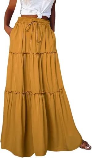 Skirts for Women Summer Boho Floral Print Elastic Waist A Line Maxi Skirt Tiered Flowy Beach Vacation Long Skirts