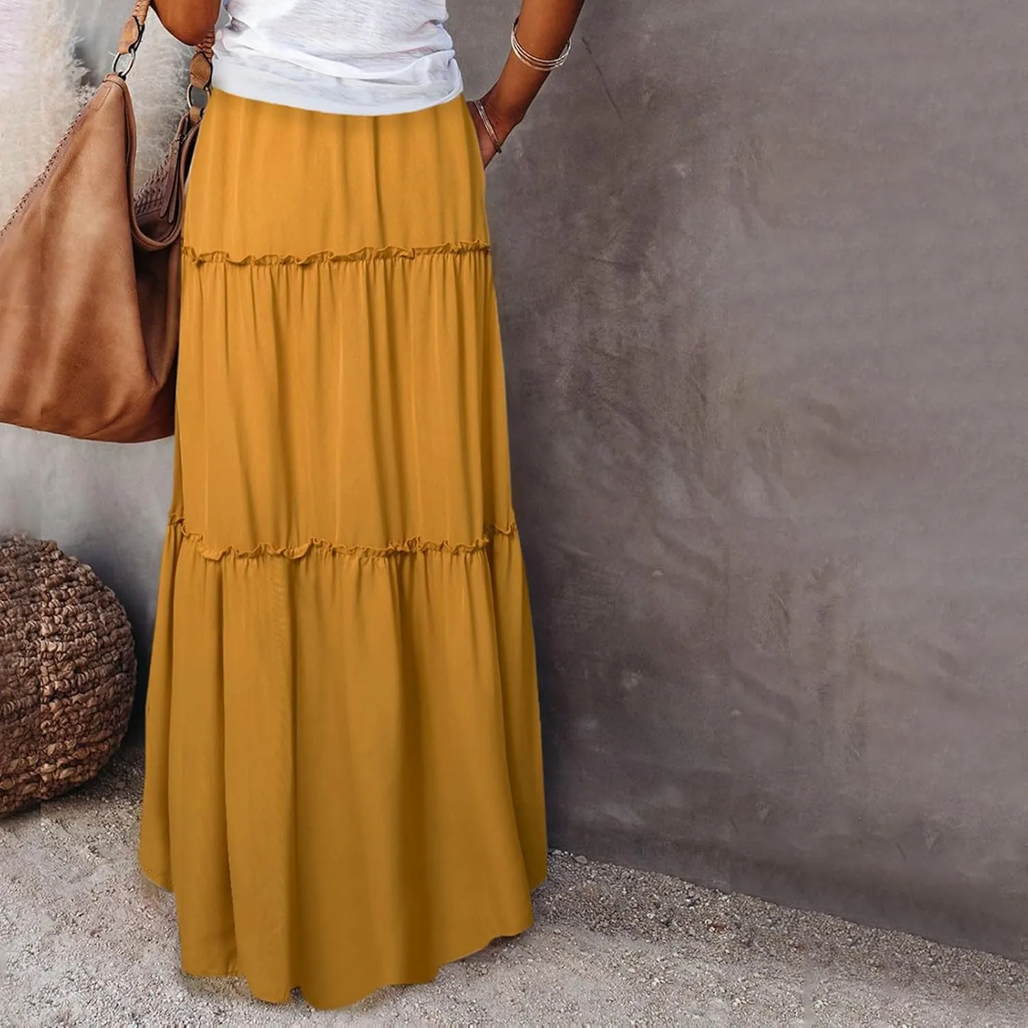 Skirts for Women Summer Boho Floral Print Elastic Waist A Line Maxi Skirt Tiered Flowy Beach Vacation Long Skirts