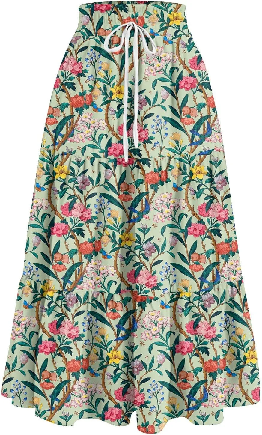 Skirts for Women Summer Tiered Elastic High Waisted Floral Skirt Vacation A Line Drawstring Flowy Long Skirts