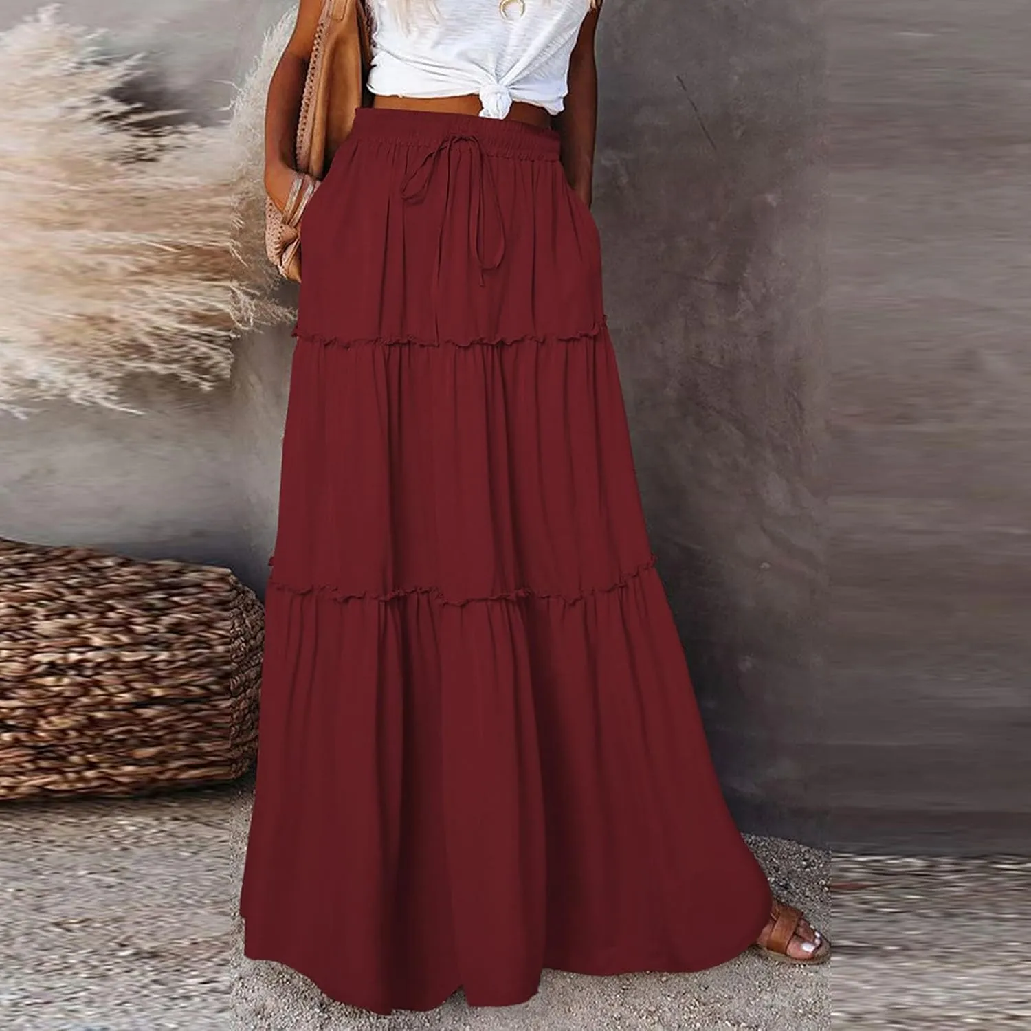 Skirts for Women,Flowy Long Skirts 2025 Pleated Womens Boho Maxi Skirt with Pockets Elastic High Waisted Summer
