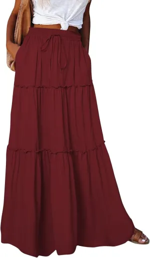 Skirts for Women,Flowy Long Skirts 2025 Pleated Womens Boho Maxi Skirt with Pockets Elastic High Waisted Summer