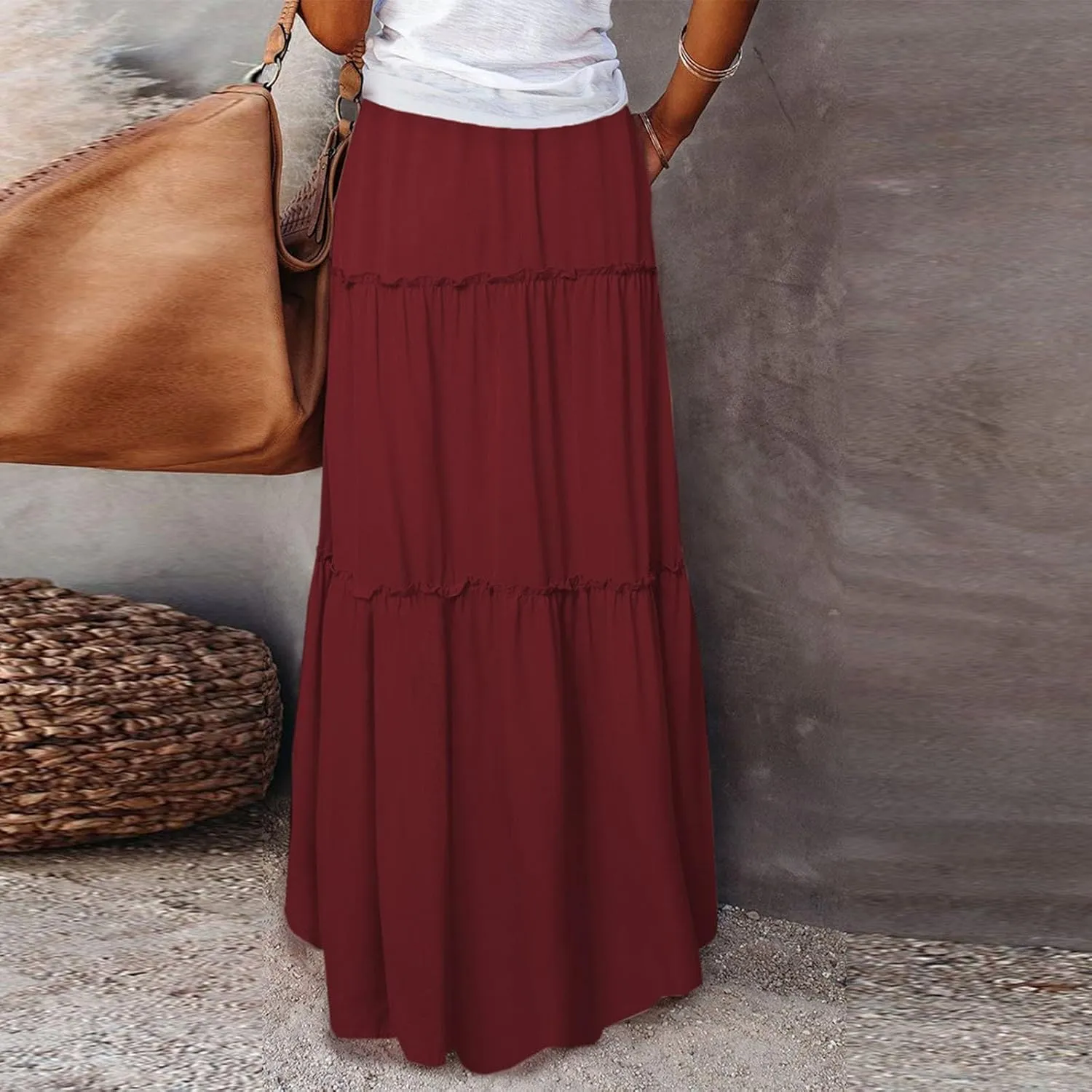 Skirts for Women,Flowy Long Skirts 2025 Pleated Womens Boho Maxi Skirt with Pockets Elastic High Waisted Summer