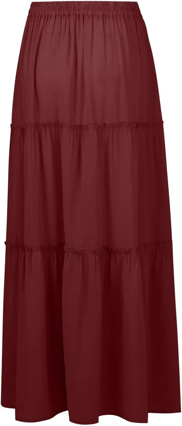 Skirts for Women,Flowy Long Skirts 2025 Pleated Womens Boho Maxi Skirt with Pockets Elastic High Waisted Summer