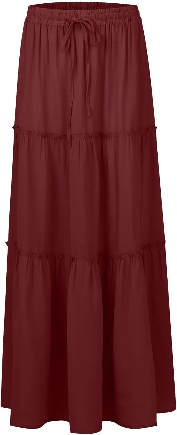 Skirts for Women,Flowy Long Skirts 2025 Pleated Womens Boho Maxi Skirt with Pockets Elastic High Waisted Summer