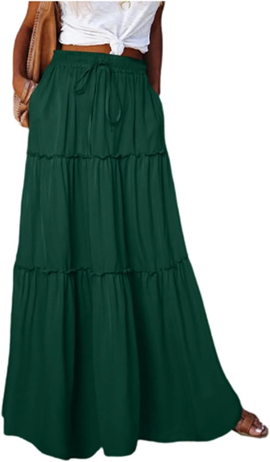 Skirts for Women,Trendy Womens Boho Maxi Skirt with Pockets Linen Flowy Long Skirts 2025 Elastic High Waisted