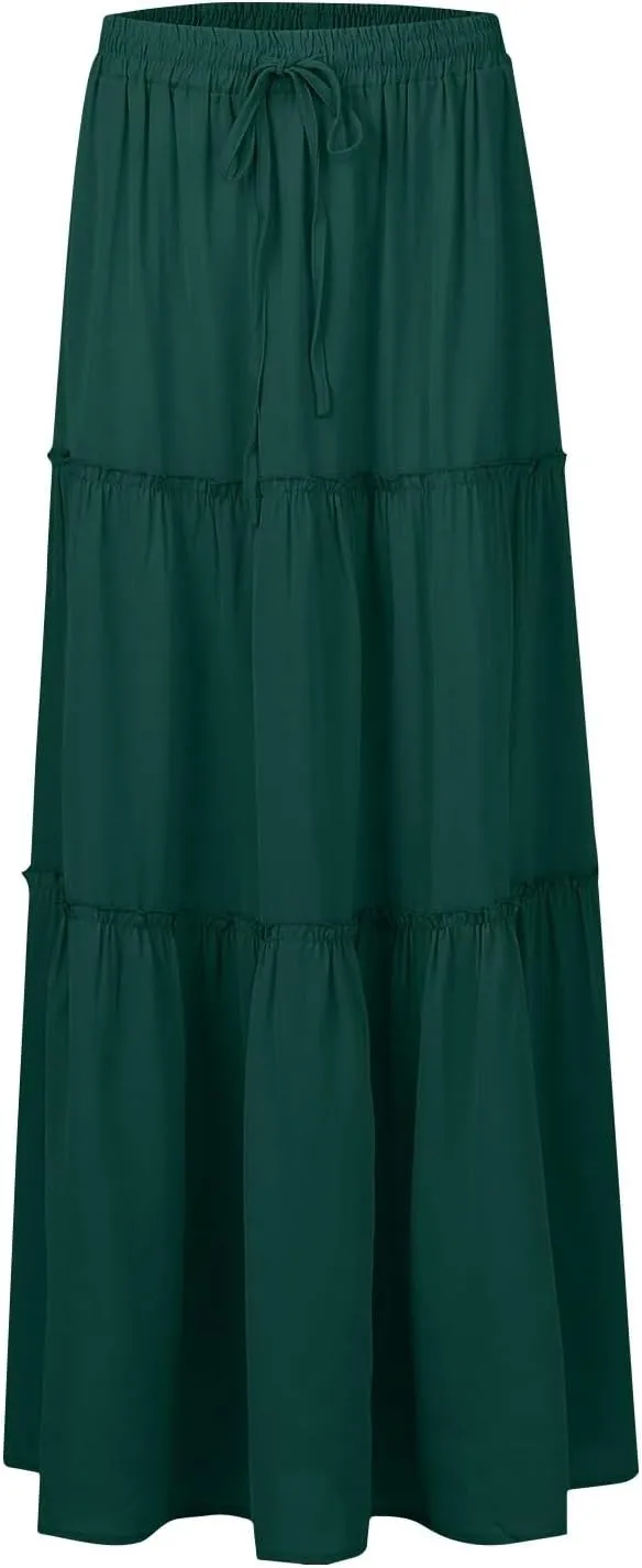 Skirts for Women,Trendy Womens Boho Maxi Skirt with Pockets Linen Flowy Long Skirts 2025 Elastic High Waisted