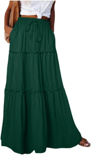 Skirts for Women,Trendy Womens Boho Maxi Skirt with Pockets Linen Flowy Long Skirts 2025 Elastic High Waisted