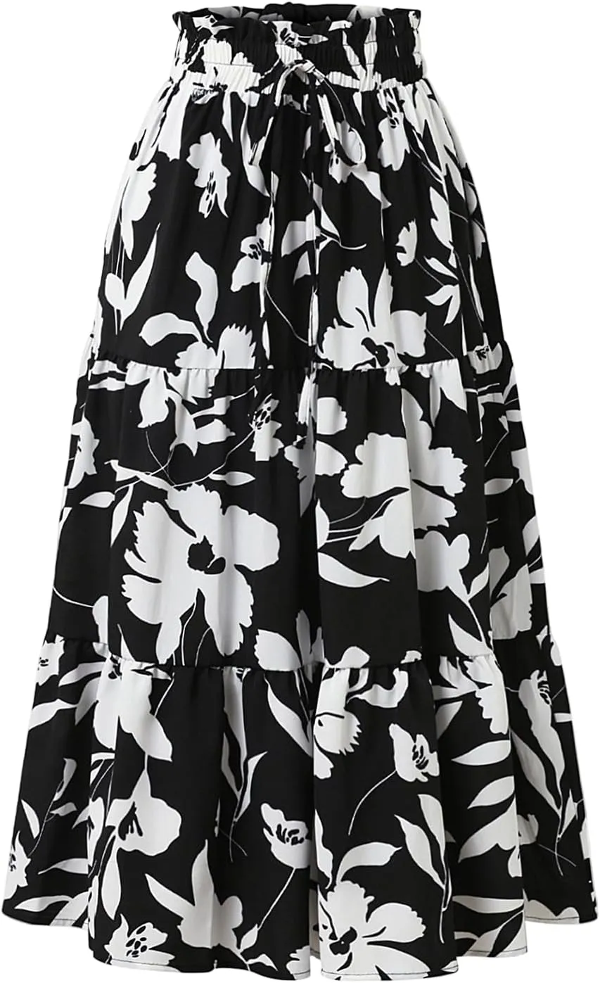 Skirts for Women,Womens Boho Maxi Skirt with Pockets Elastic High Waisted Trendy Flowy Long Skirts 2025 Linen