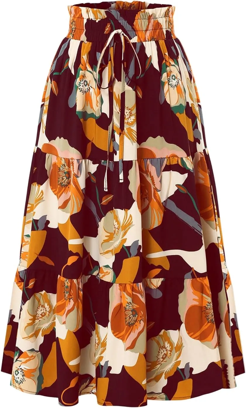 Skirts for Women,Womens Boho Maxi Skirt with Pockets Elastic High Waisted Trendy Flowy Long Skirts 2025 Linen