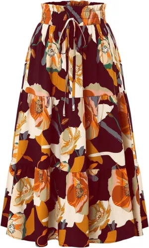 Skirts for Women,Womens Boho Maxi Skirt with Pockets Elastic High Waisted Trendy Flowy Long Skirts 2025 Linen