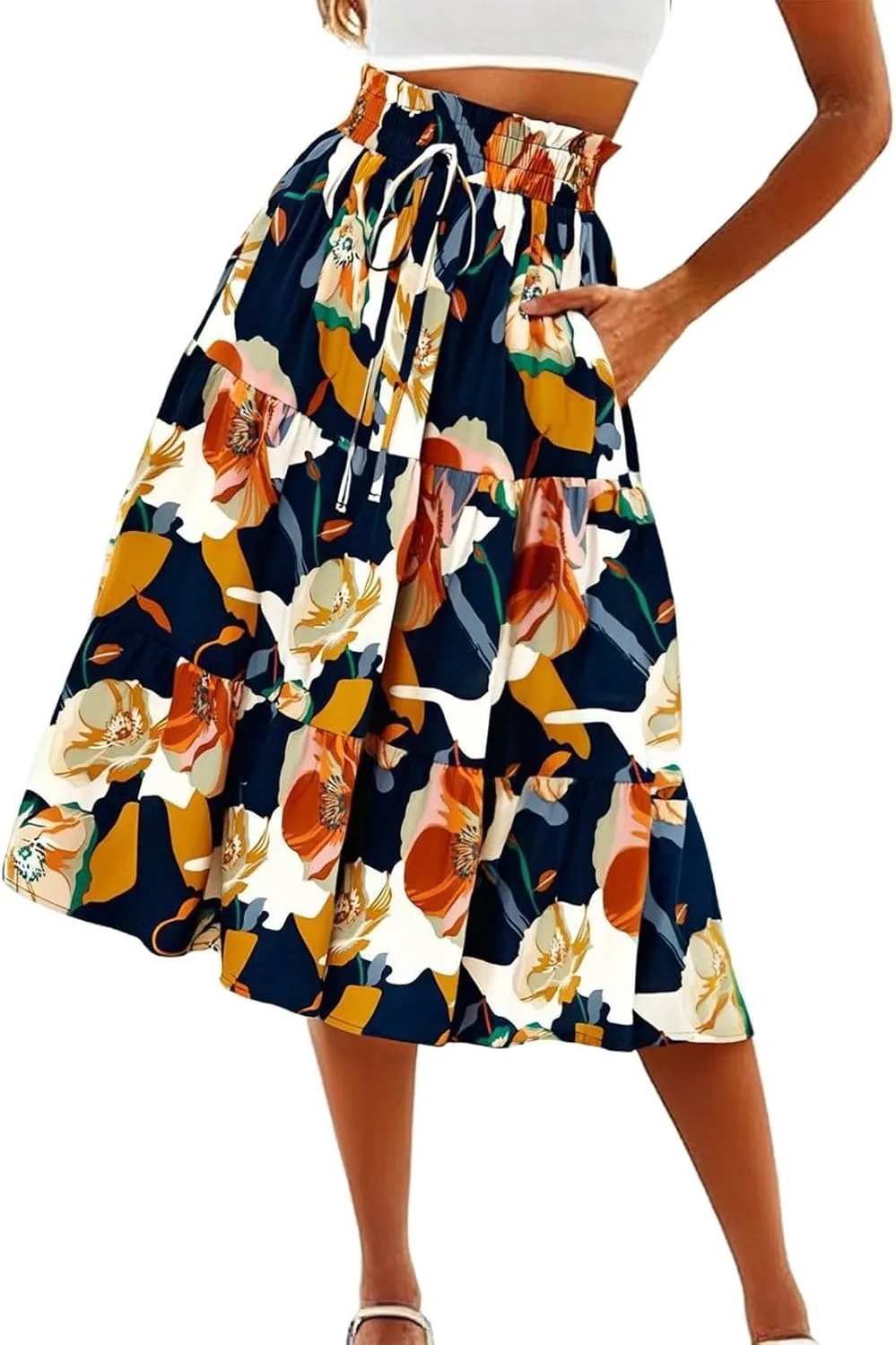 Skirts for Women,Womens Boho Maxi Skirt with Pockets Elastic High Waisted Trendy Flowy Long Skirts 2025 Linen