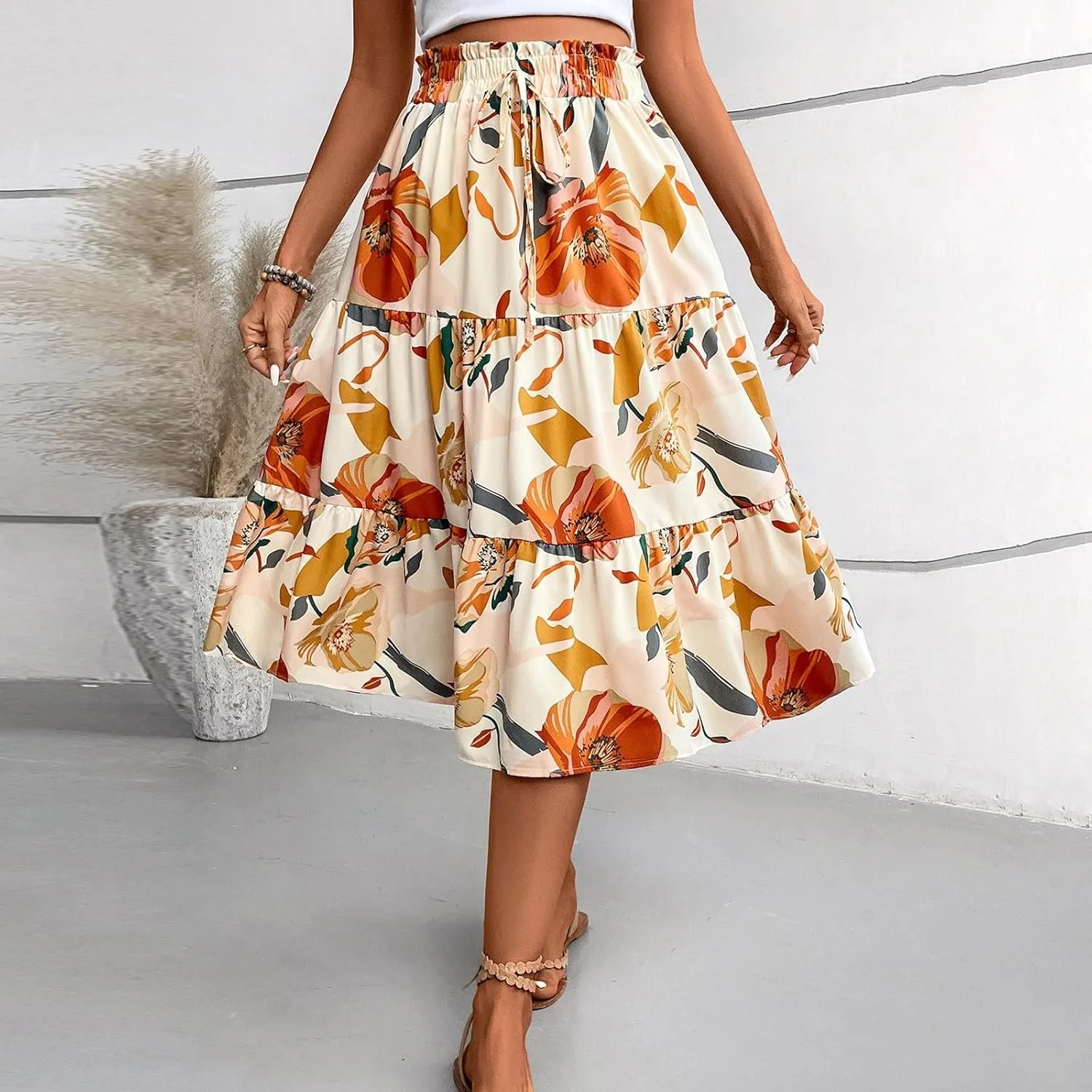 Skirts for Women,Womens Boho Maxi Skirt with Pockets Elastic High Waisted Trendy Flowy Long Skirts 2025 Linen