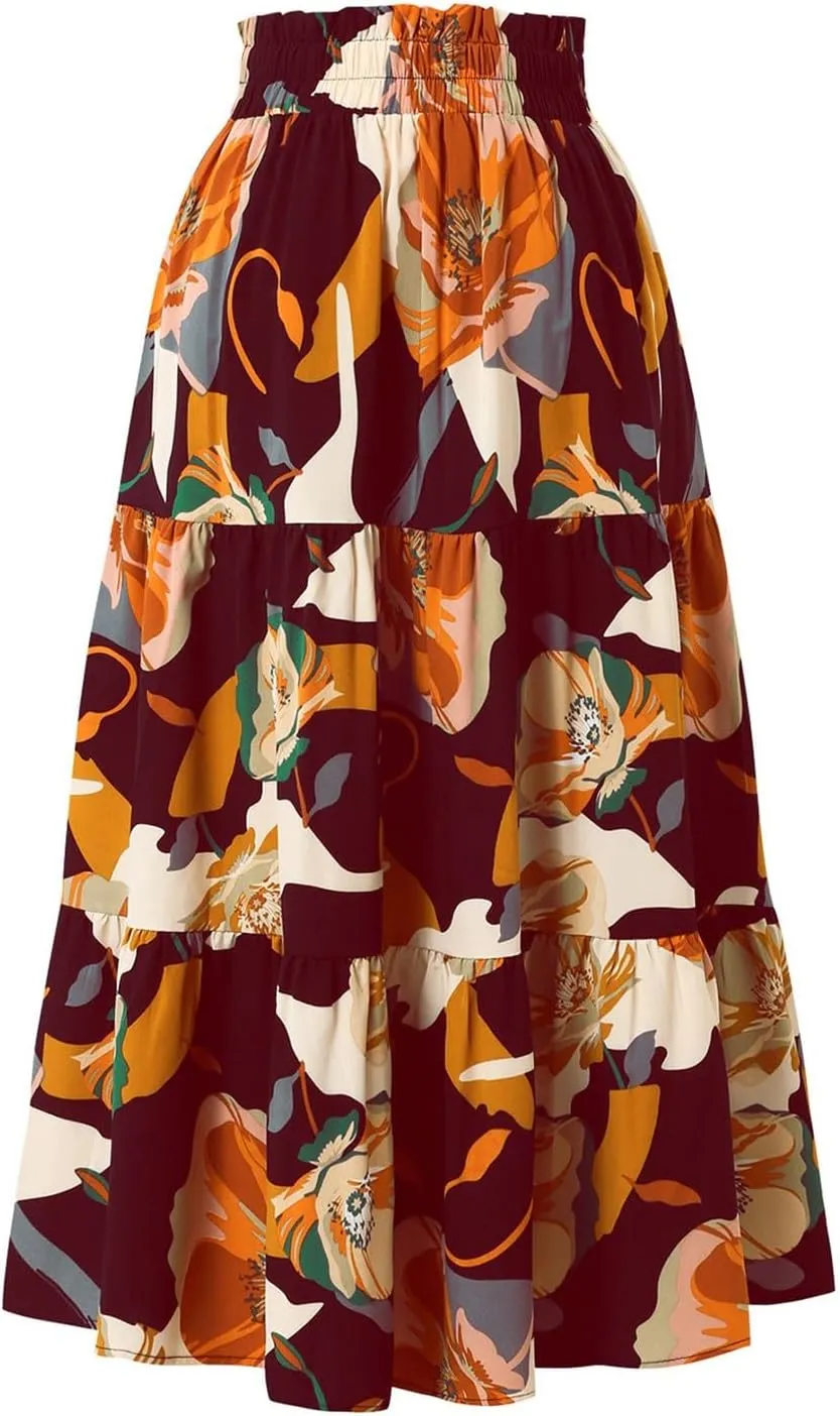 Skirts for Women,Womens Boho Maxi Skirt with Pockets Elastic High Waisted Trendy Flowy Long Skirts 2025 Linen