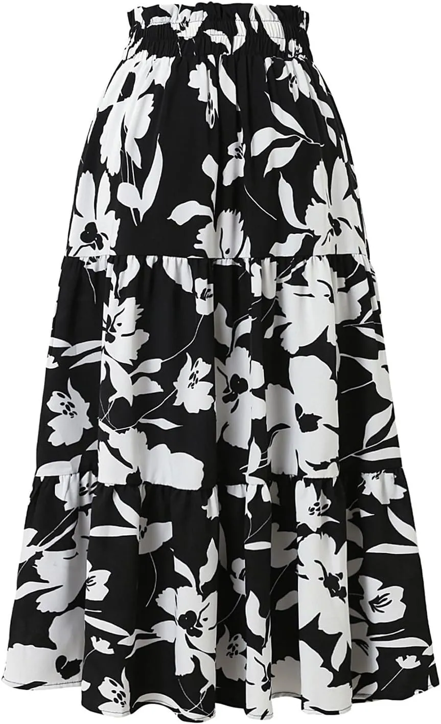 Skirts for Women,Womens Boho Maxi Skirt with Pockets Elastic High Waisted Trendy Flowy Long Skirts 2025 Linen