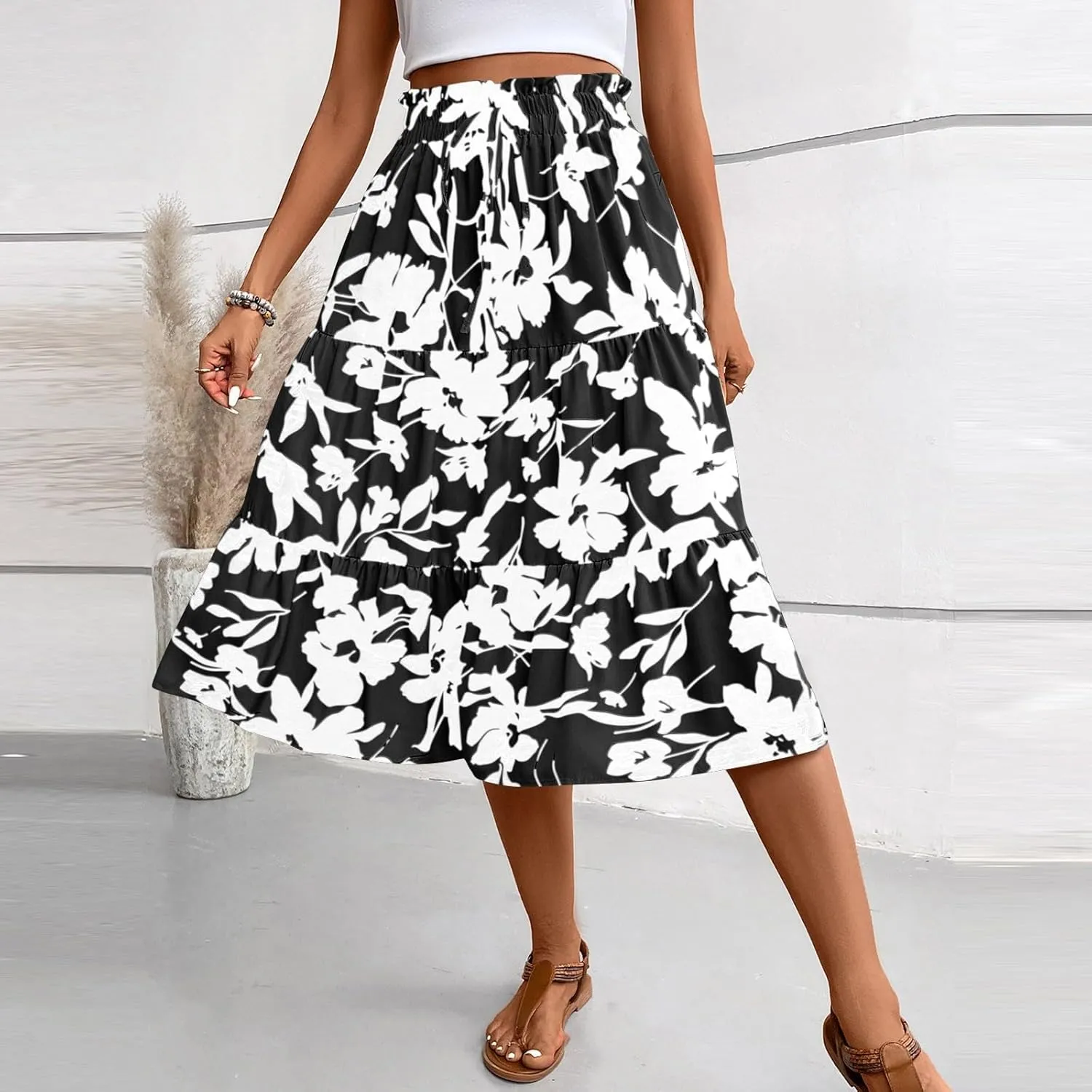 Skirts for Women,Womens Boho Maxi Skirt with Pockets Elastic High Waisted Trendy Flowy Long Skirts 2025 Linen