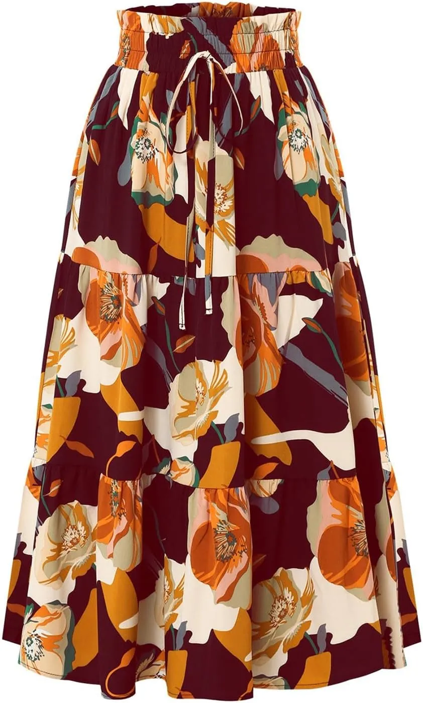 Skirts for Women,Womens Boho Maxi Skirt with Pockets Elastic High Waisted Trendy Flowy Long Skirts 2025 Linen