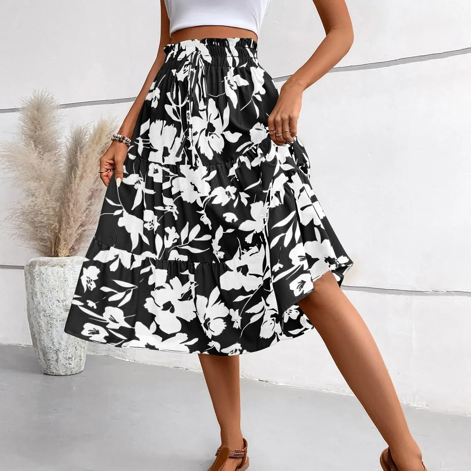 Skirts for Women,Womens Boho Maxi Skirt with Pockets Elastic High Waisted Trendy Flowy Long Skirts 2025 Linen