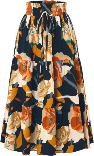 Skirts for Women,Womens Boho Maxi Skirt with Pockets Elastic High Waisted Trendy Flowy Long Skirts 2025 Linen