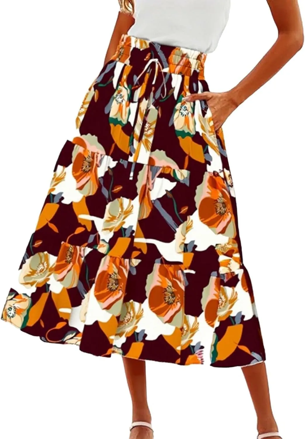 Skirts for Women,Womens Boho Maxi Skirt with Pockets Elastic High Waisted Trendy Flowy Long Skirts 2025 Linen