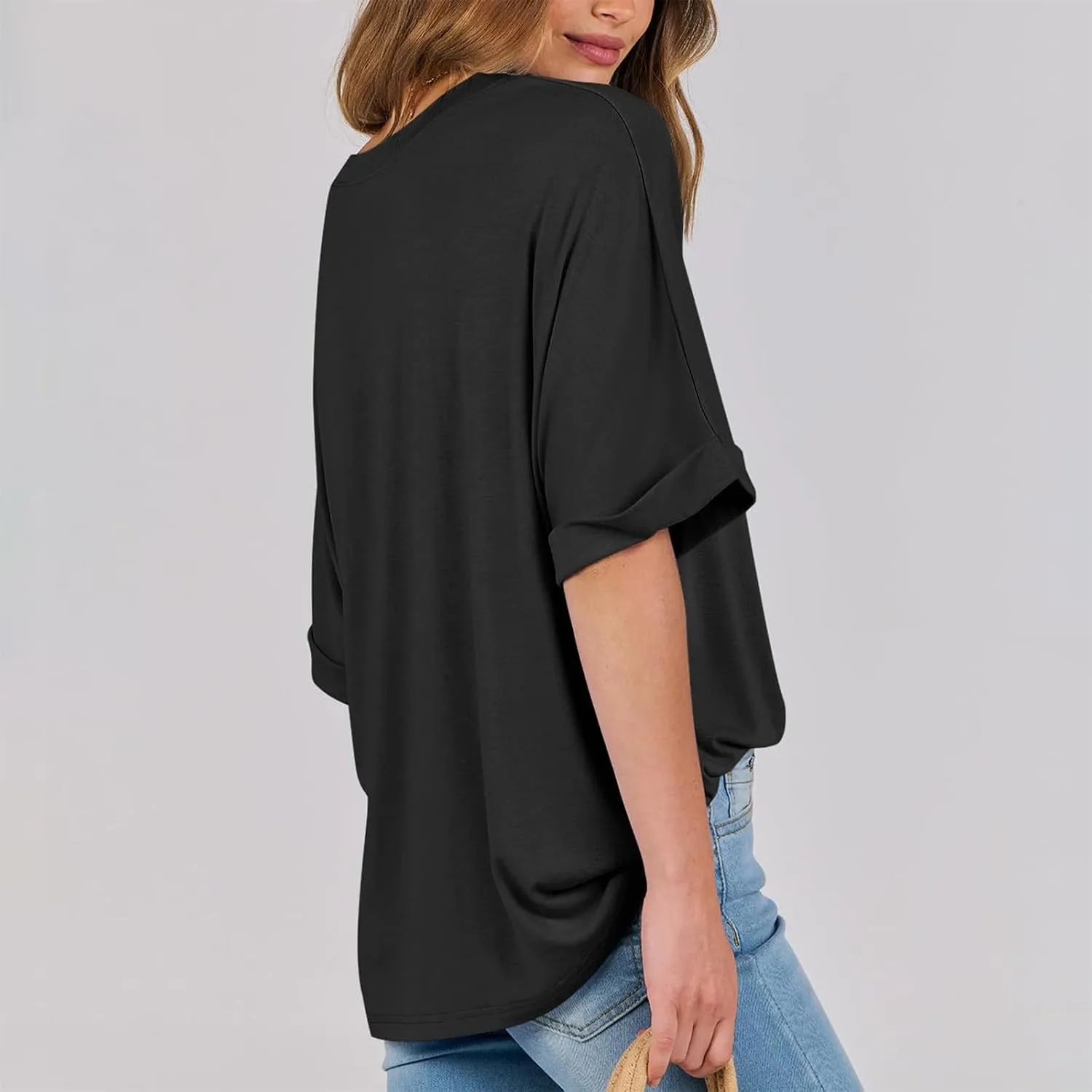 slqdgmryz Half Sleeve Tops for Women Crew Neck Oversized Striped Shirt Casual Cute Elbow Length Tee Shirts Dressy Blouses