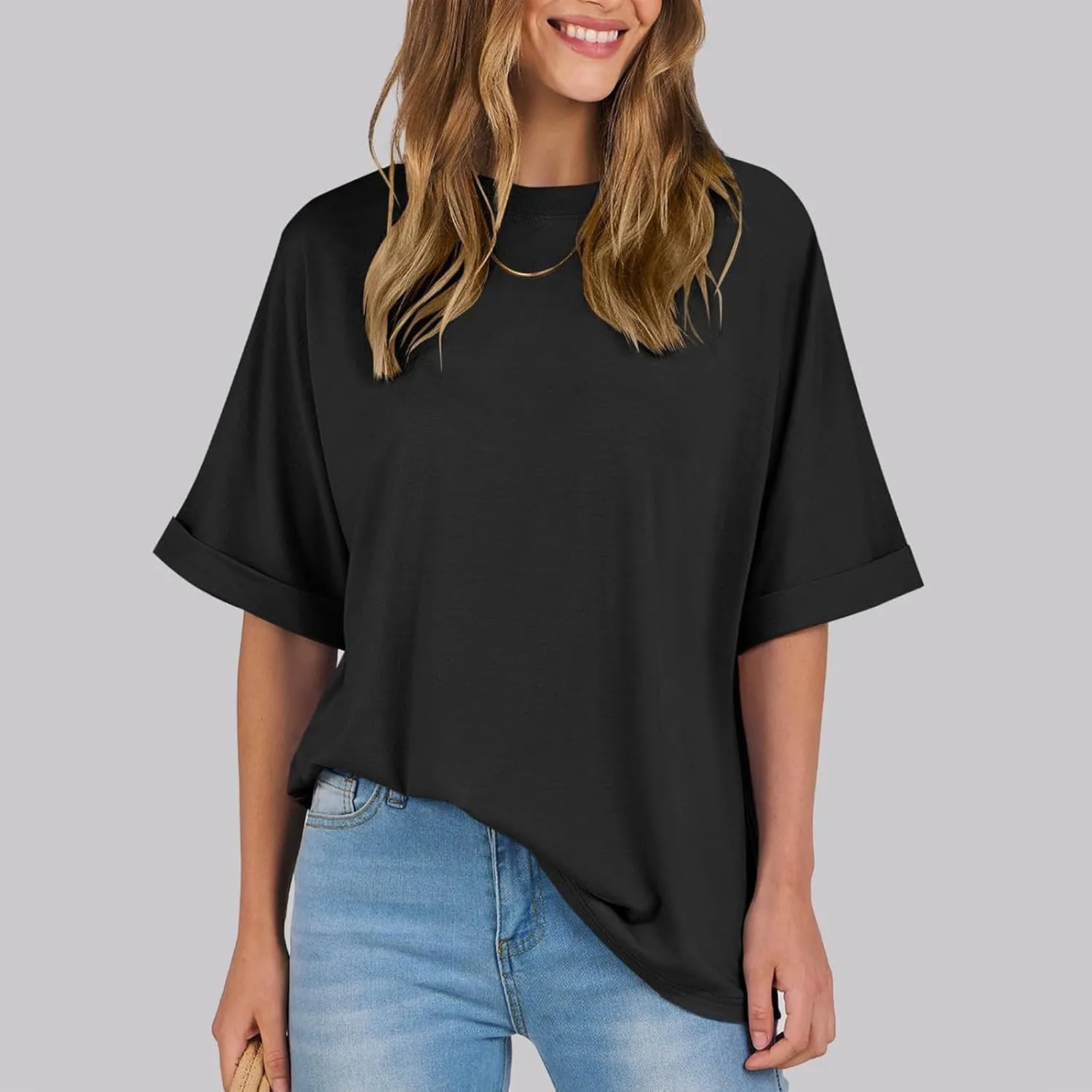 slqdgmryz Half Sleeve Tops for Women Crew Neck Oversized Striped Shirt Casual Cute Elbow Length Tee Shirts Dressy Blouses