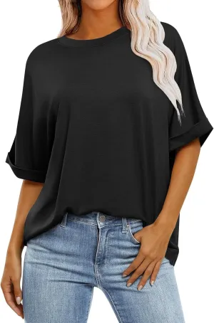 slqdgmryz Half Sleeve Tops for Women Crew Neck Oversized Striped Shirt Casual Cute Elbow Length Tee Shirts Dressy Blouses