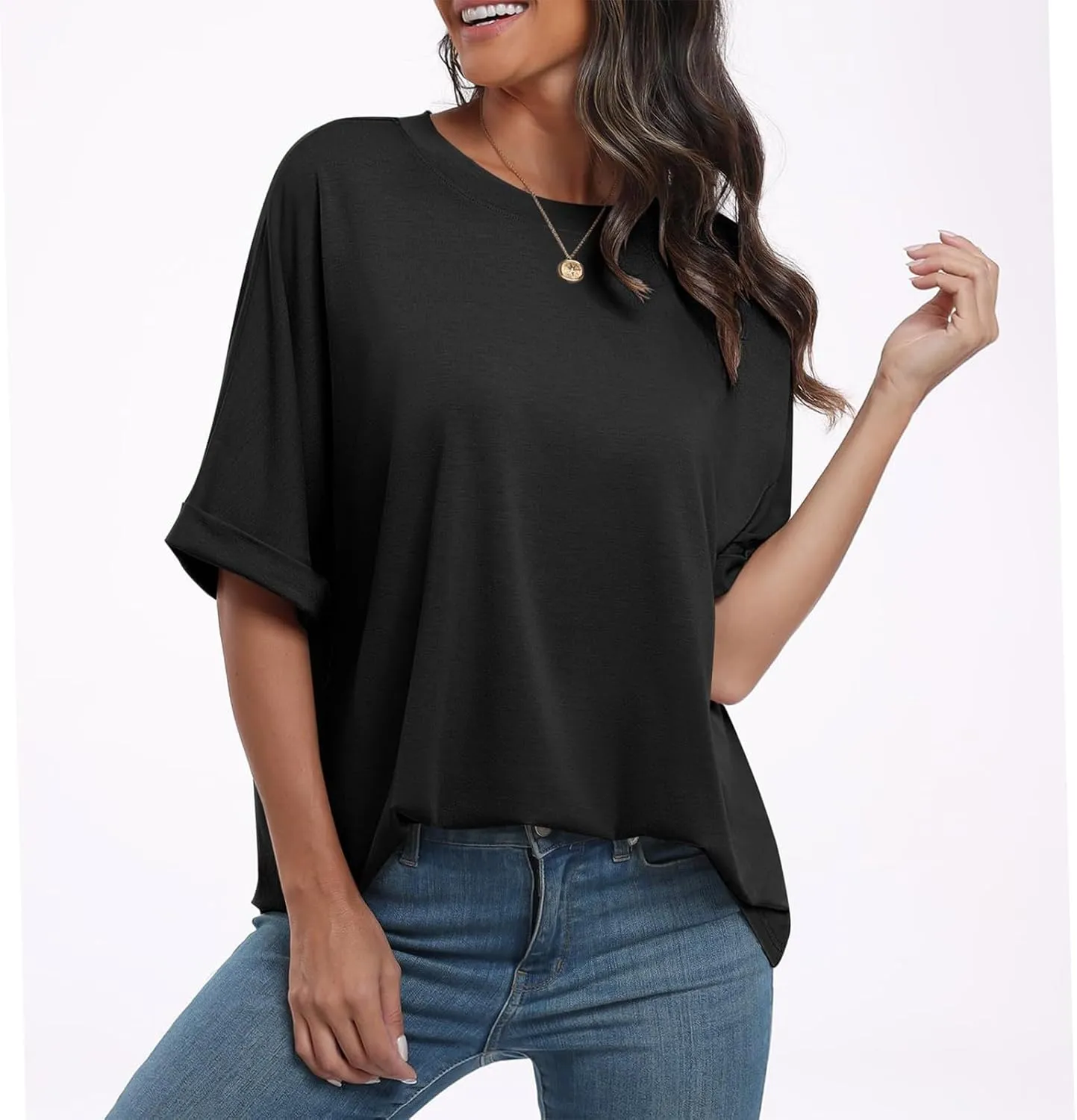 slqdgmryz Half Sleeve Tops for Women Crew Neck Oversized Striped Shirt Casual Cute Elbow Length Tee Shirts Dressy Blouses