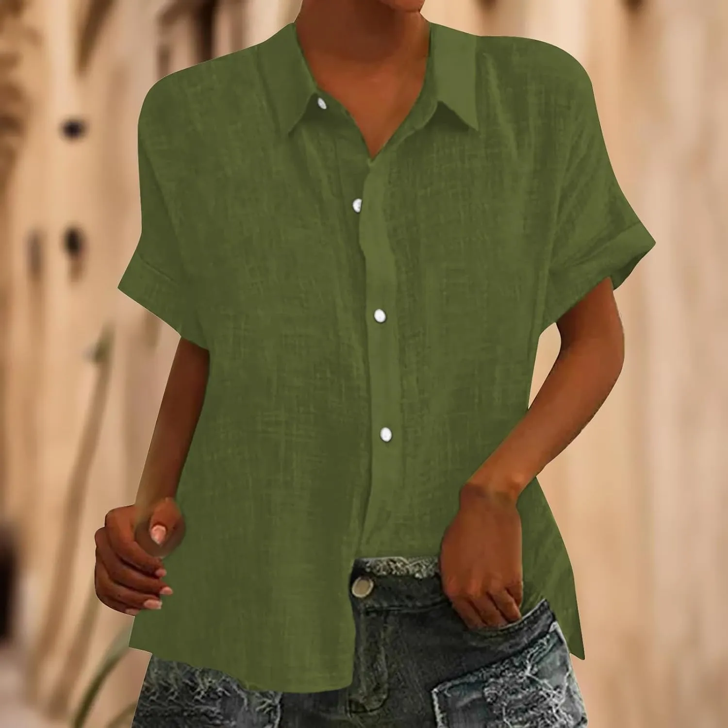 Solid Color Women's Loose Cotton Linen Short Sleeve Lapel Cardigan Top for Women Blouses for Women Wide