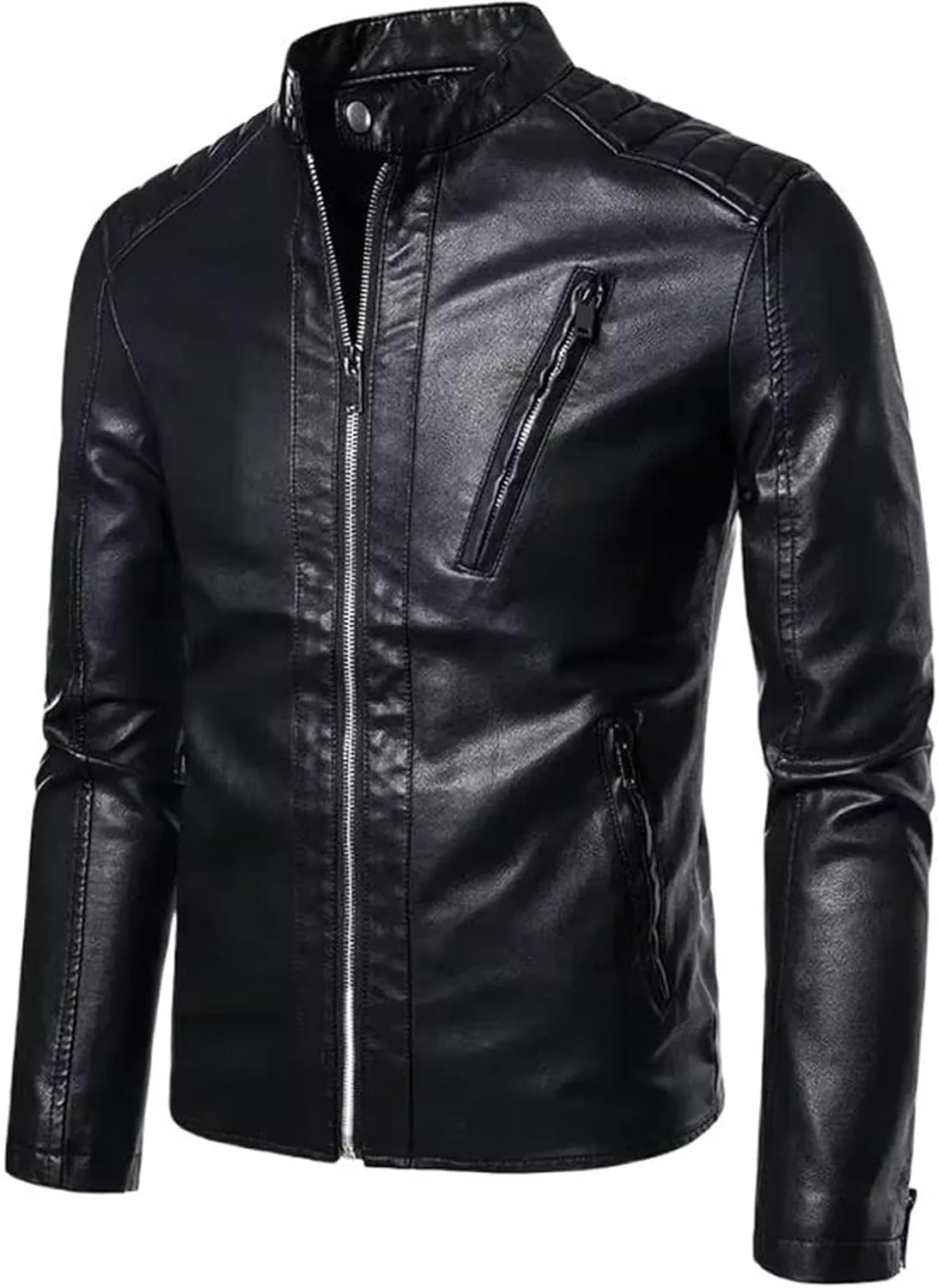 Stand-up Collar Leather Jacket, Casual Windproof Outerwear, Spring and Autumn Motorcycle Leather Jacket