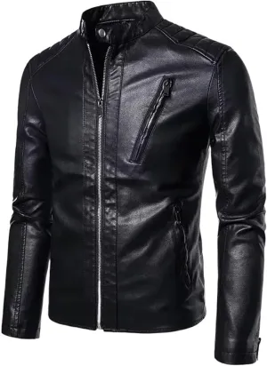 Stand-up Collar Leather Jacket, Casual Windproof Outerwear, Spring and Autumn Motorcycle Leather Jacket