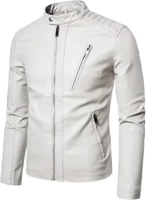 Stand-up Collar Leather Jacket, Casual Windproof Outerwear, Spring and Autumn Motorcycle Leather Jacket