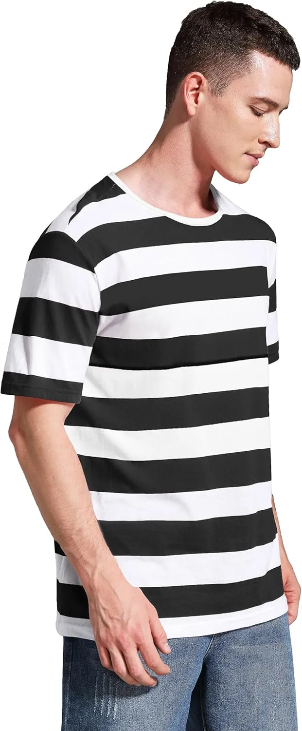 Striped Shirt Men Wide Stripes T Shirts Short Sleeve Crewneck Tee Basic Casual Tshirt