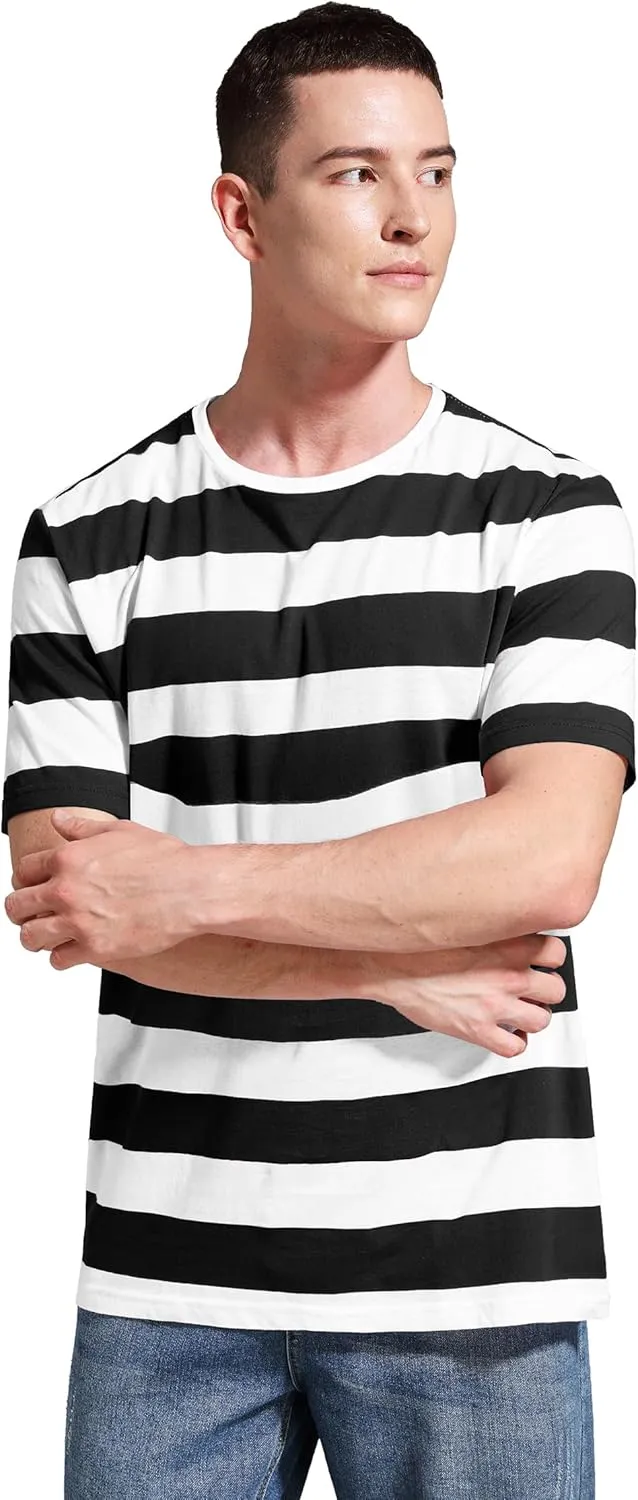 Striped Shirt Men Wide Stripes T Shirts Short Sleeve Crewneck Tee Basic Casual Tshirt