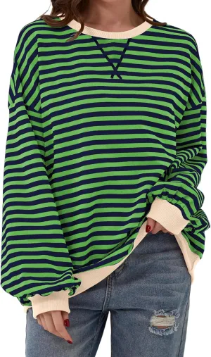 Striped Shirt Women Oversized Sweatshirt Color Block Long Sleeve Crew Neck Sweatshirt Loose Pullover Shirt Top