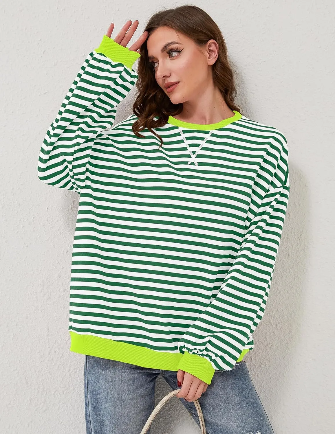 Striped Shirt Women Oversized Sweatshirt Color Block Long Sleeve Crew Neck Sweatshirt Loose Pullover Shirt Top