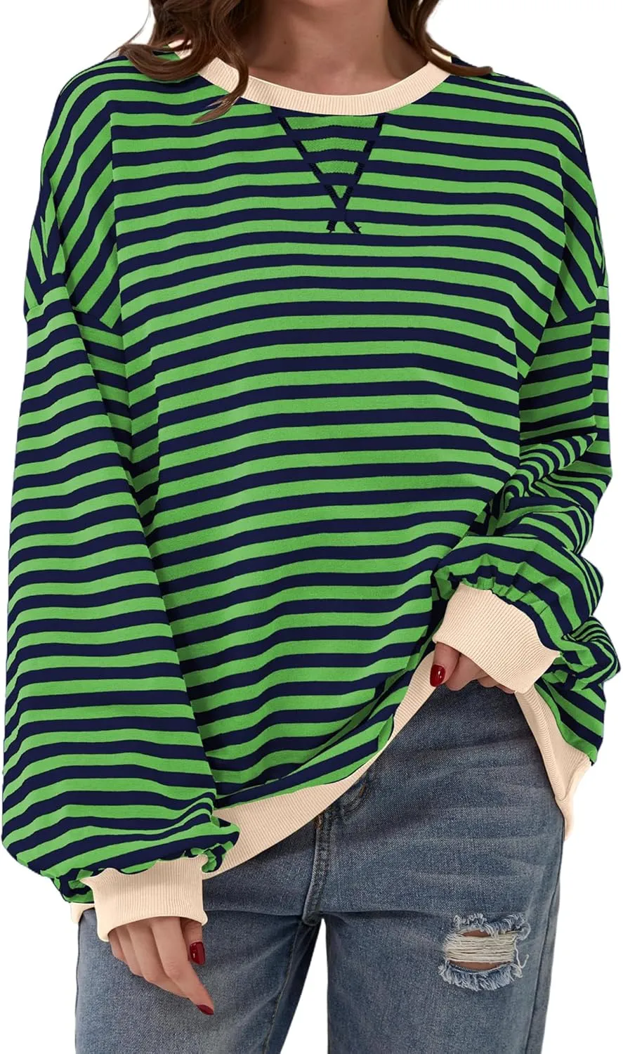 Striped Shirt Women Oversized Sweatshirt Color Block Long Sleeve Crew Neck Sweatshirt Loose Pullover Shirt Top